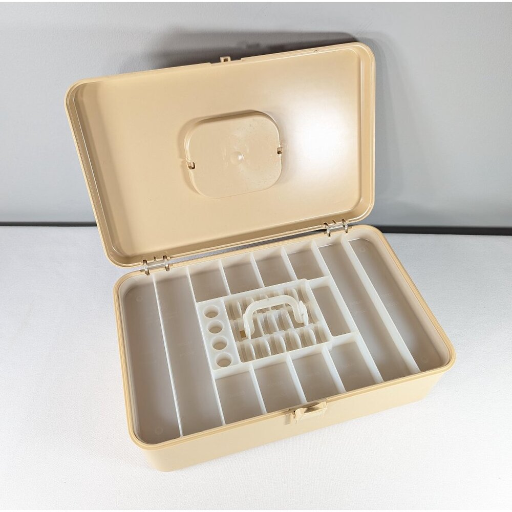 Vintage Beige Wil-Hold Sewing box 13x8x4.25", sewing spool organizer, sewing
